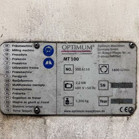 OPTIMUM MT100  Metal Processing Milling machines Universal Milling Machine Accessories: DRO and machine vice. Germany
