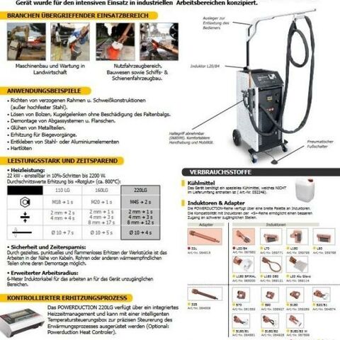 POWERDUCTION 220 LG  Sondermaschinen verschiedene Einrichtungen Induktionsanlage Induktionsheizgerät zum Erwärmen von Metallbauteilen wie Schrauben, Bleche etc.
Gerät arbeitet mit Flüssigkühlung. Frankreich