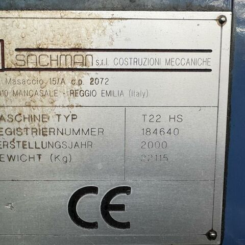 SACHMAN T 314 HS / T22 HS TNC 430 B Metal Processing Milling machines Bed Type Milling Machine - Universal control: Heidenhain TNC 430 B digital. Universal milling head is automatically
swivable and turnable in 1,5° steps. Machine has a 20 position ATC, a chip
conveyor, an adaptable high speed spindle (30.000 rpm) and a mist cooling
arrangement. Machine in program for 25.616 hours. Italy