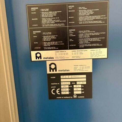 METALAS MCF 2000  Sondermaschinen verschiedene Einrichtungen Waschanlage - Kammer Teilewaschmaschine mit elektrischem Drehkorb, Ölskimmer, Dampfabsaugung,
Klapptüre, Timer zur festen Einstellung der Parameter, Feinfilter vor dem
Reinigungstank. Niederlande