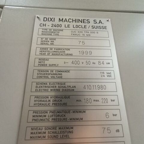 DIXI (CH) 400 TPA 15i-M Fanuc Metal Processing Boring mills / Machining Centers / Drilling machines Machining Center - Horizontal CNC- JIG BORER !
200 tool position ATC. We will supply 90 holders along with the machine.
Measuring tracer Renishaw, Cooling trough spindle and filtering arrangement, 12
bar, Chip conveyor and exhaust ventilation.
Machine was complete refurbished in 2017 and has only worked 4800 spindle hours
since that date. Control: Fanuc 15 i-M. Switzerland
