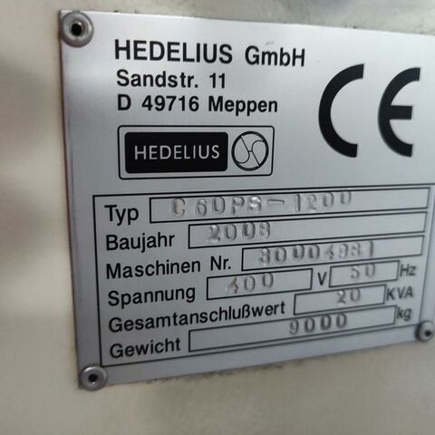 HEDELIUS C 60 PS/1200 iTNC 530 Metal Processing Milling machines milling machining centers - vertical Machine is closed on the top, has a chip conveyot, cooling through spindle and
a Heidenhain iTNC 530 control. Germany