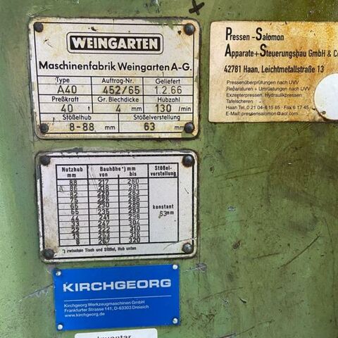 WEINGARTEN A 40  Metallbearbeitungsmaschinen Pressen Einständerexzenterpresse  Deutschland