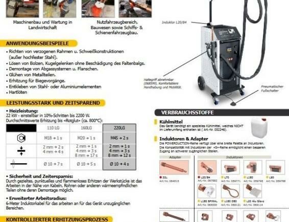 POWERDUCTION 220 LG  Sondermaschinen verschiedene Einrichtungen Induktionsanlage Induktionsheizgerät zum Erwärmen von Metallbauteilen wie Schrauben, Bleche etc.
Gerät arbeitet mit Flüssigkühlung. Frankreich