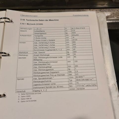 SPINNER VC-650 mit ShopMill Metallbearbeitungsmaschinen Fräsmaschinen Bearbeitungszentrum - Vertikal Zubehör:Vorbereitung für 4. Achse. Maschine hat shop mill Bedienung. Deutschland